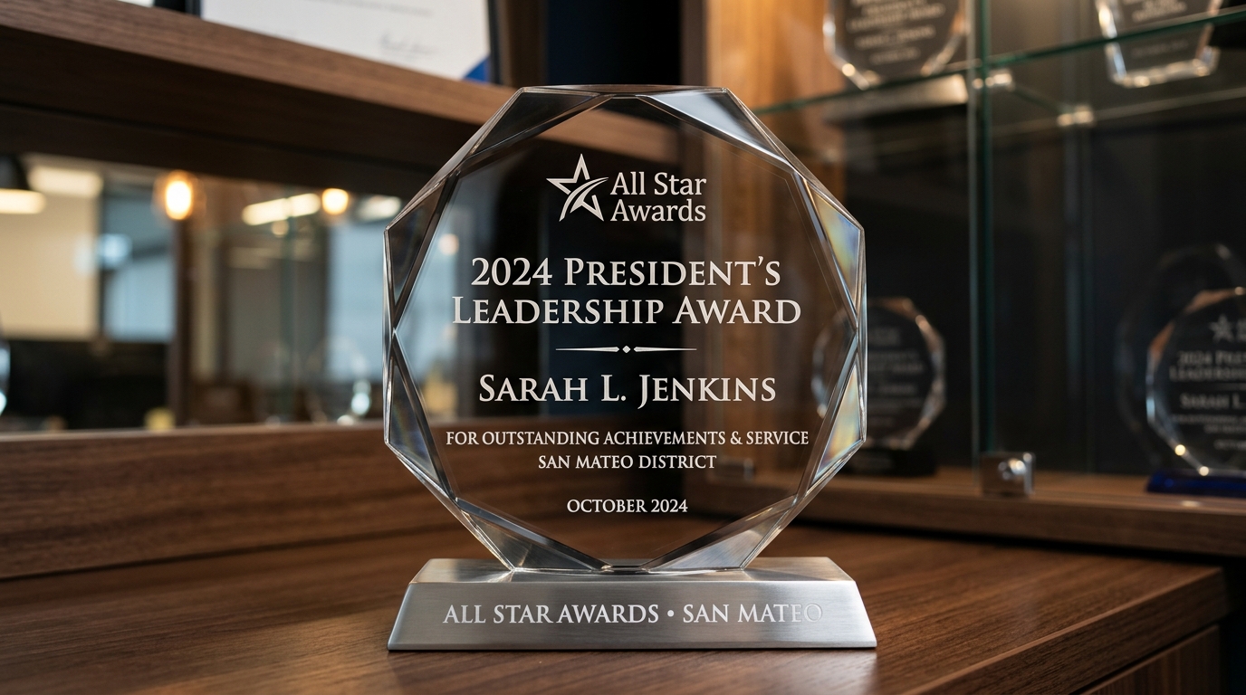 A close-up view of a custom-engraved award featuring precise typography and elegant design at All Star Awards in San Mateo.